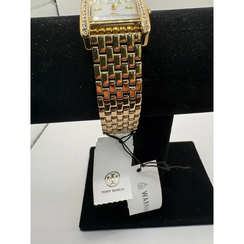 Tory Burch Women Watch Gold Crystal Bezel Mop Dial Rectangular Bracelet Nwt Gold